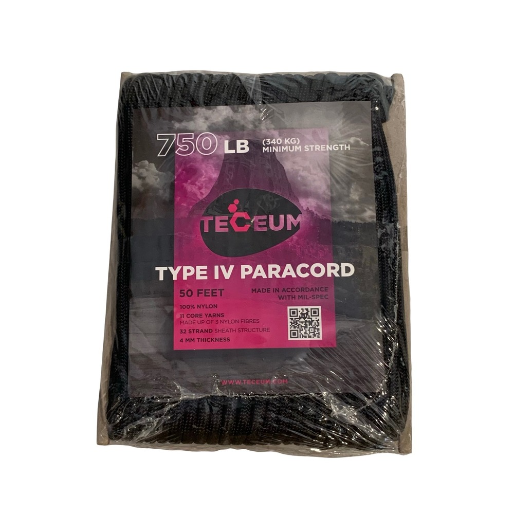 Teceum Type IV Paracord 50ft Black 750lb Mil-Spec 11 Core Nylon Survival Rope